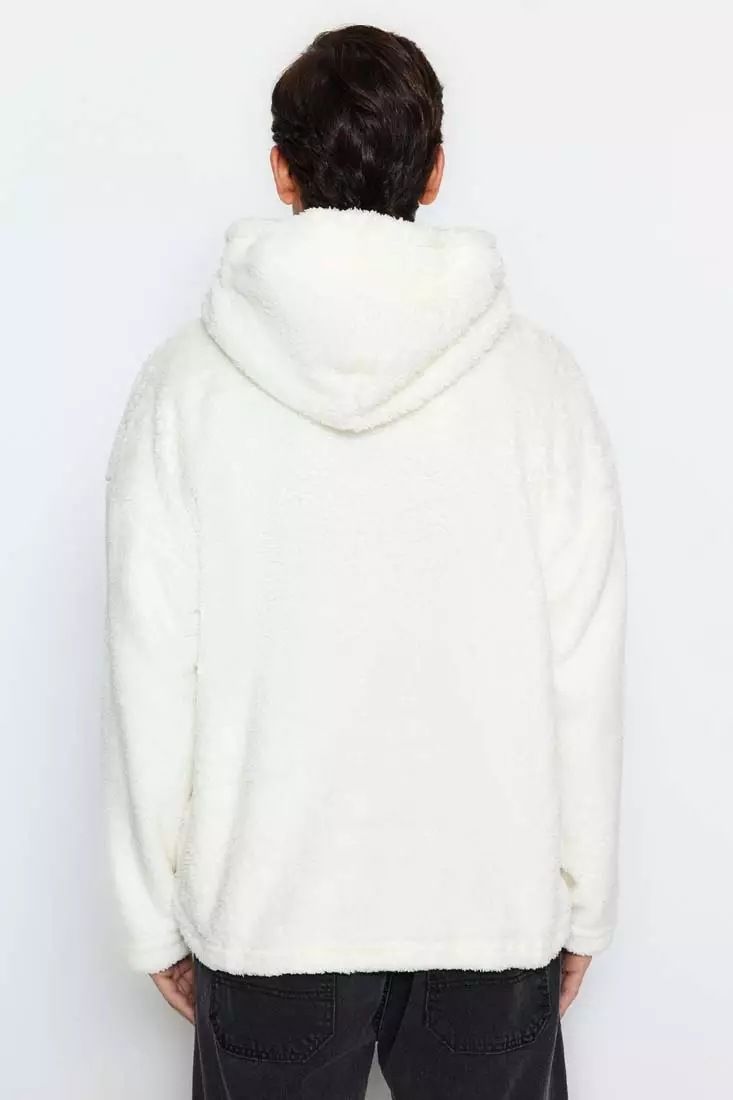 Buy Trendyol Ecru Men's Oversize Half-Zip Hooded Plush Sweatshirt with  Drawcord Detail. Online