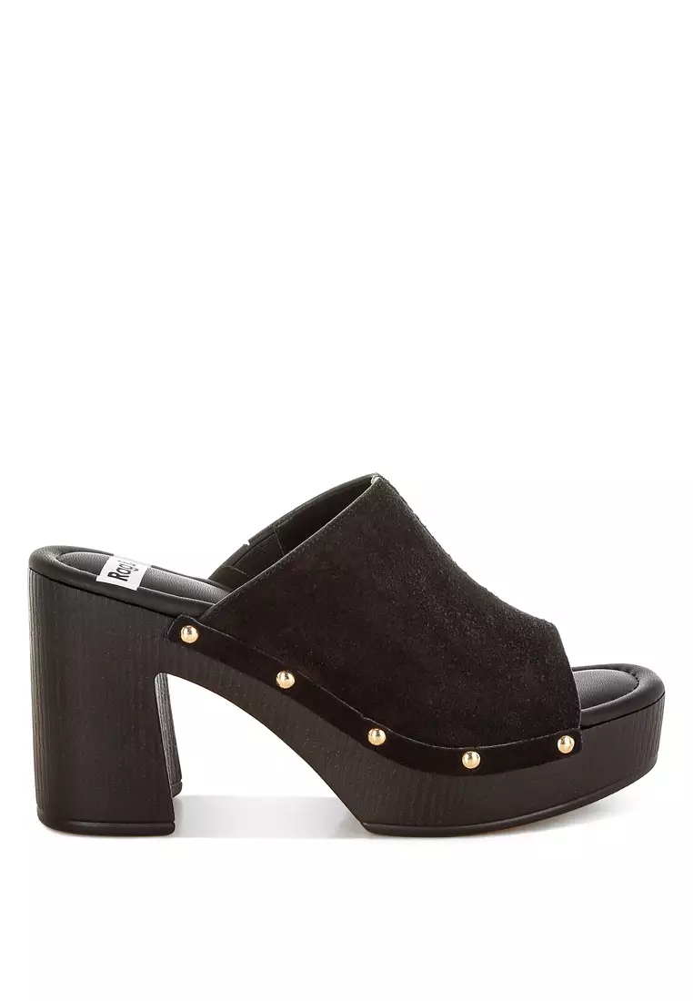 Soft Suede Leather Wooden Clogs In Black