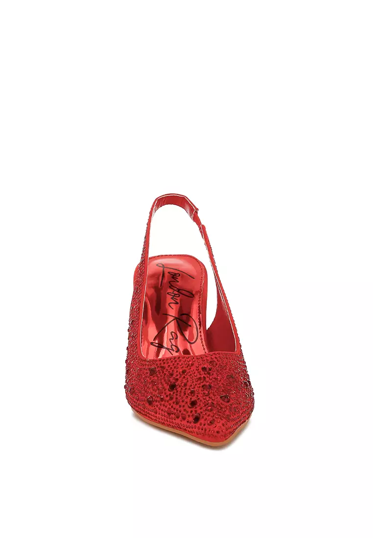 Luxurious Satin Pearl Slingback Sandals in Red