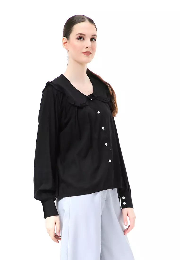 Adena Blouse Atasan Wanita Long Sleeve Kerah Rempel - Hitam