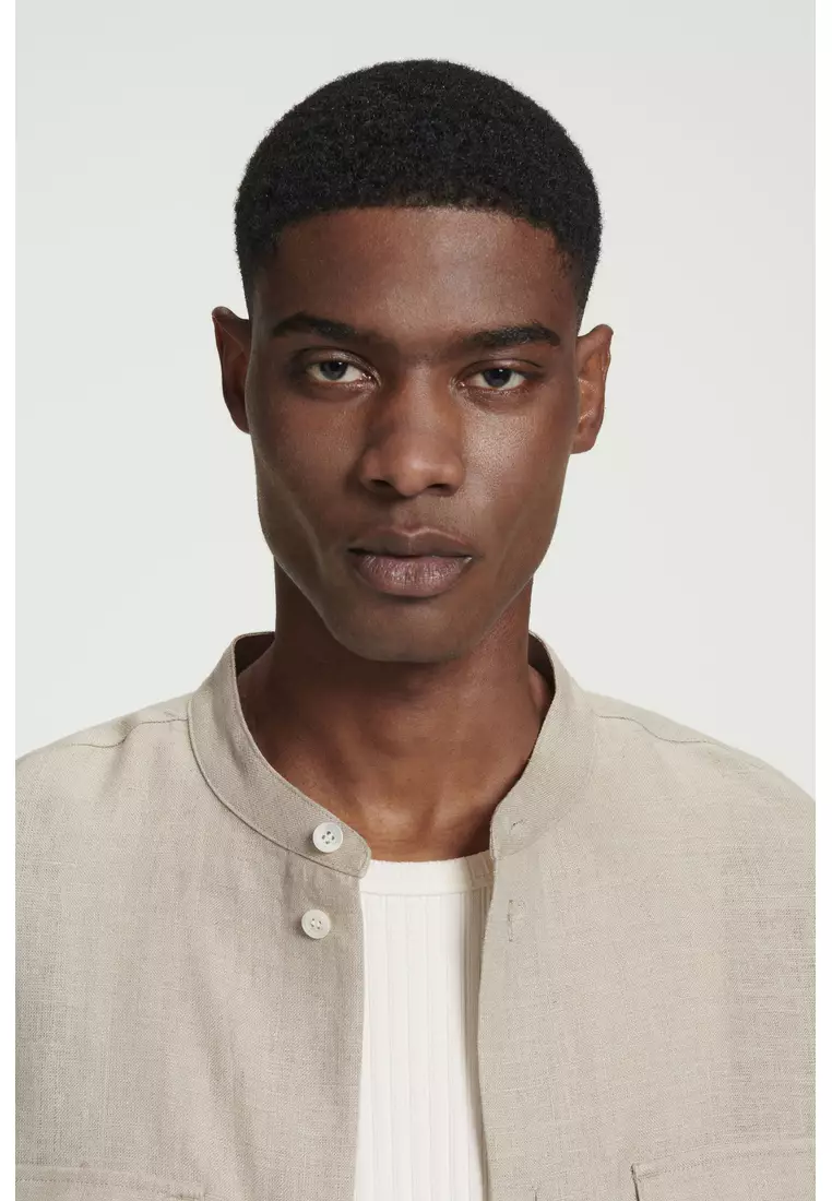 GRANDAD-COLLAR LINEN OVERSHIRT