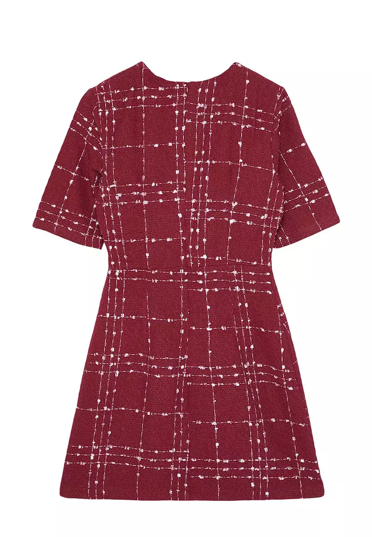 Burgundy Plaid A-Line Bow Detailed Mini Woven Tweed Dress TWOAW25EL00186