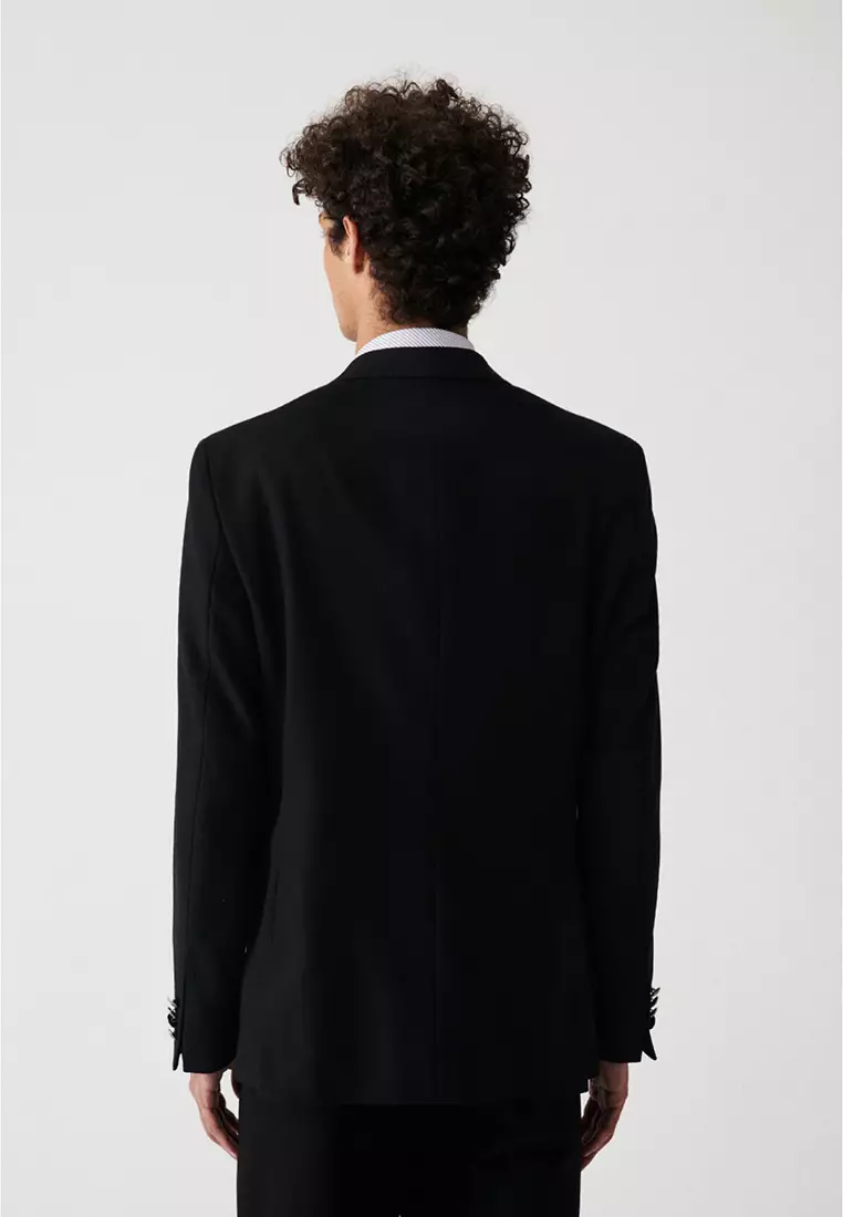 Men's Black Flap Pocket Lined Double Slit Woolen Jacket A32Y4029