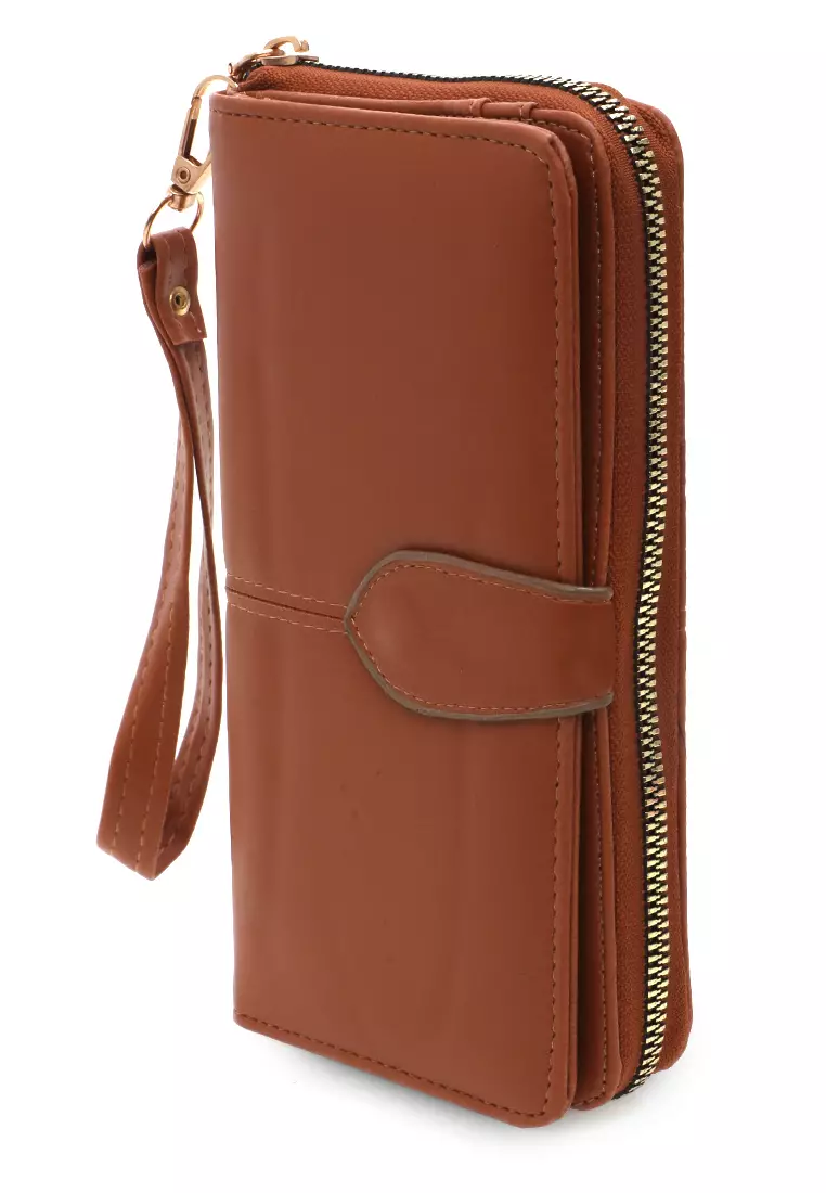Dompet Leather Wanita Design Casual Long Wallet Soft Large Capacity Free Tali Tangan - Coklat