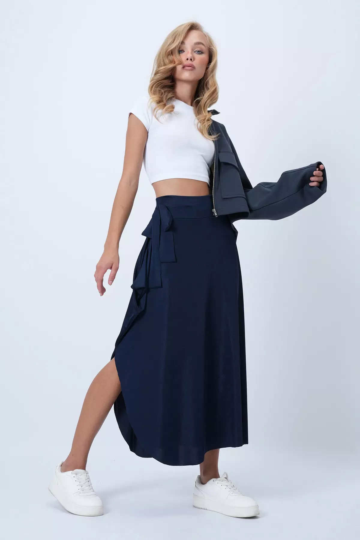 Women's Dark Navy Blue Asymmetrical Cut Tied Waist Skirt Alc-X5001