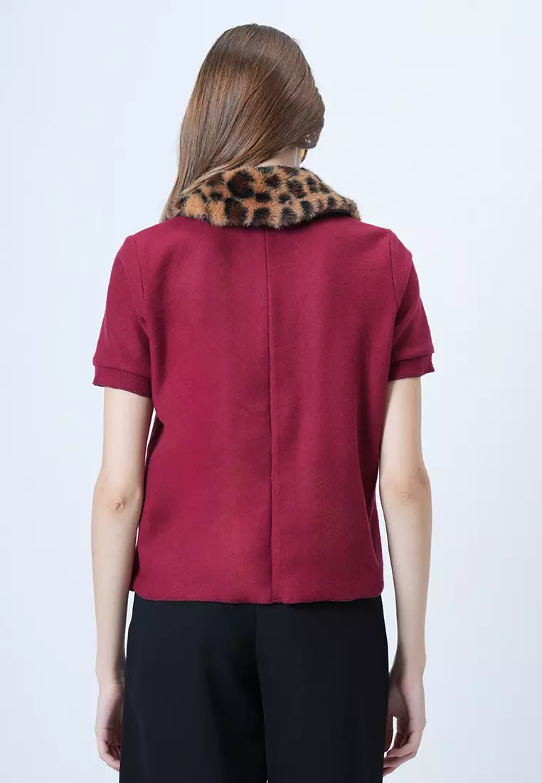 Leopard Detachable Fur Detailed Knitted Blouse