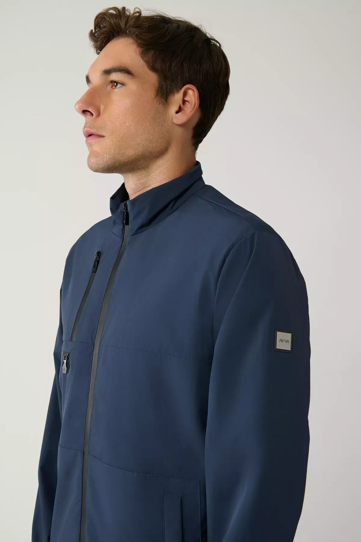 Men'S Navy Blue Stand Collar Mesh Lined Zippered Water Repellent Comfort Fit Coat A41Y6012