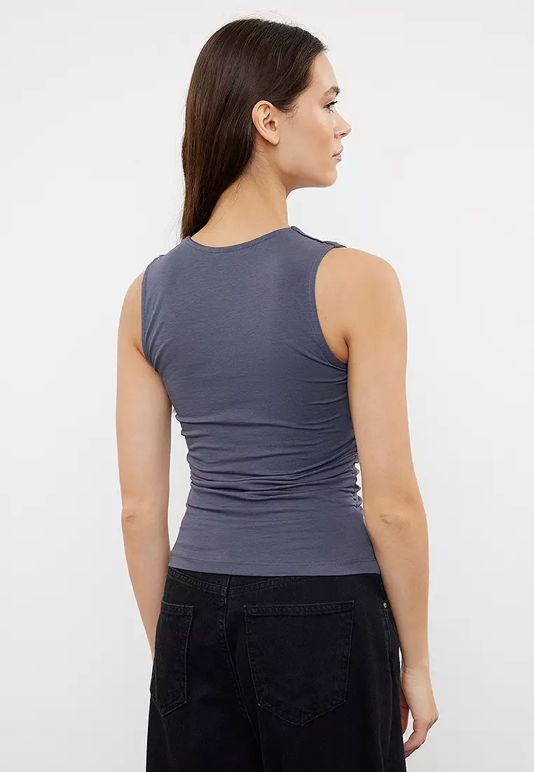 Gray Plain Square Neck Strappy Gathered Fitted Flexible Knitted Blouse