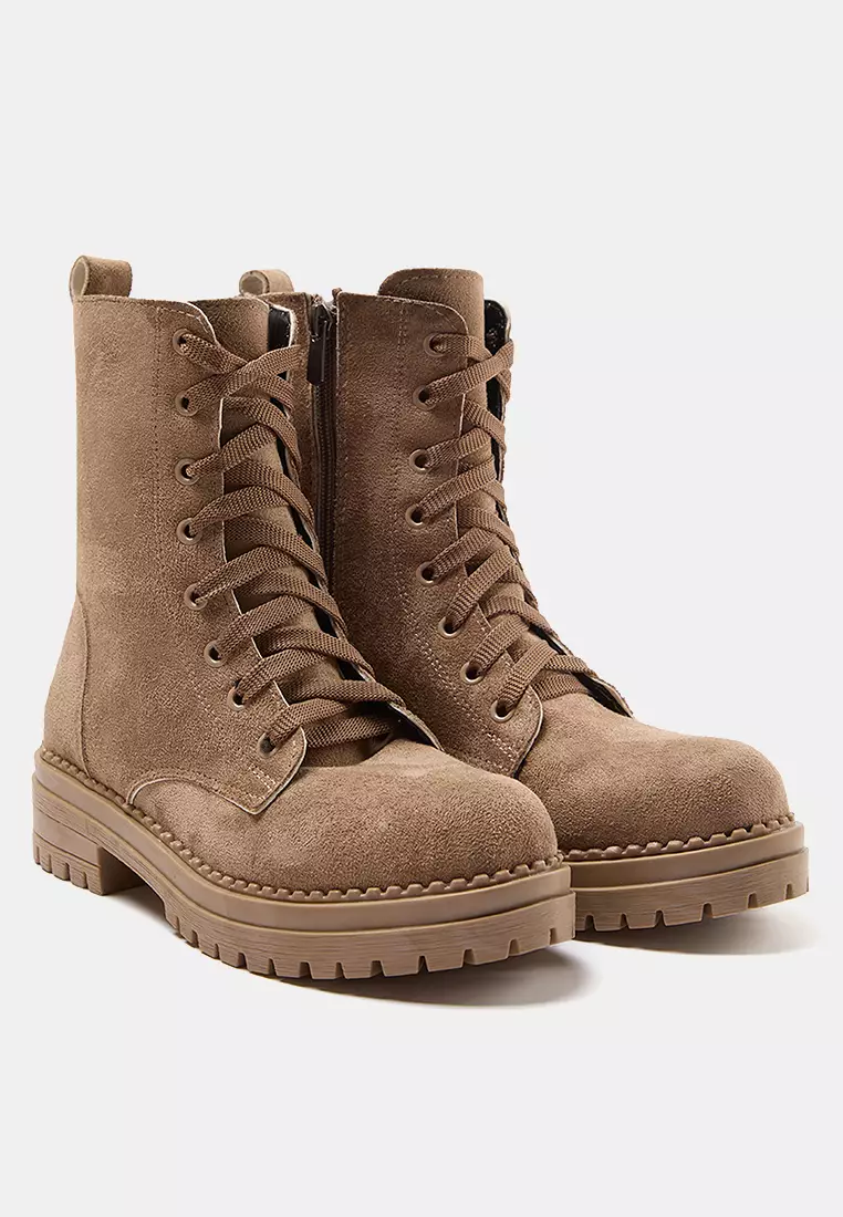 Mink Suede Lace-Up And Zip-Up Short Flat Women's Boots Takaw25Bo00026