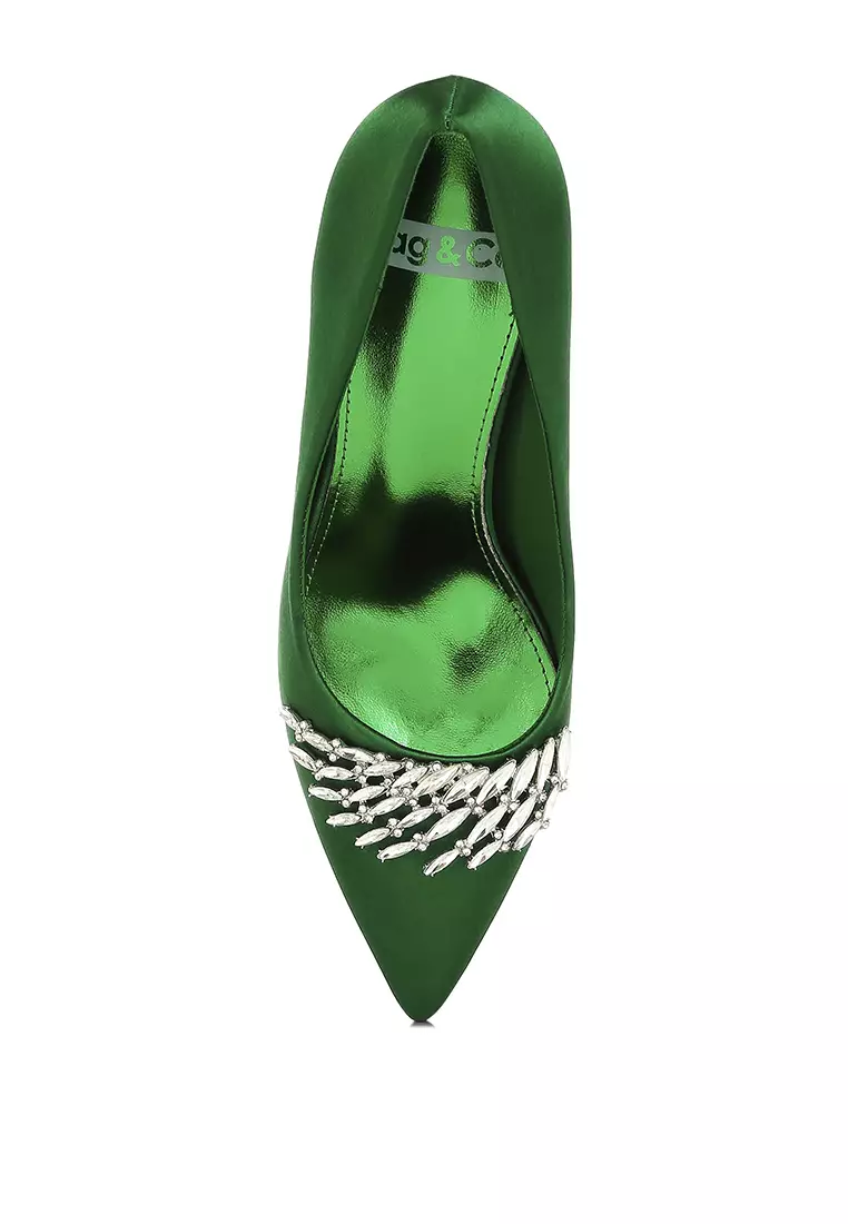 Diamante Brooch Detail Satin Pumps In Green