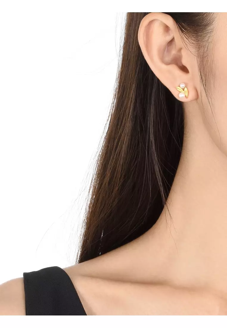 24K 999.9 Gold Willow & Pentals Pearl and Mother of Pearl Asymmetric Stud Earrings for Women 89676E