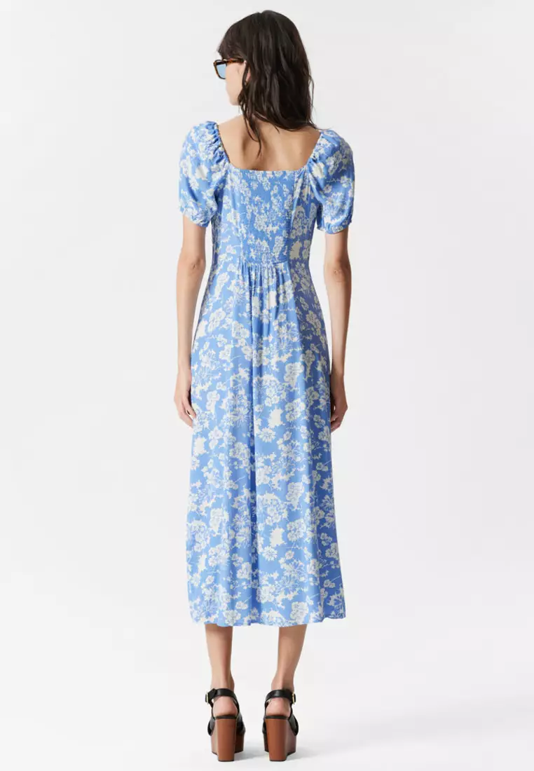 knee length dresses for ladies Asymmetrical Midi Bridesmaid Dress with Short Sleeve and Ruffled V-Neck
