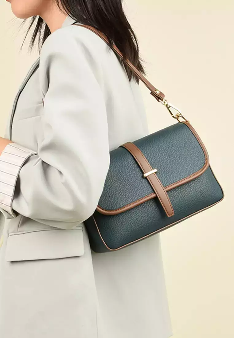 Color Matching Faux Leather Three Way Shoulder Bag