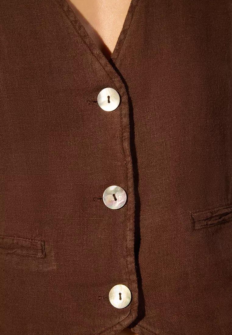 Brown 100% Linen Fitted Vest Twoss24Ye00040