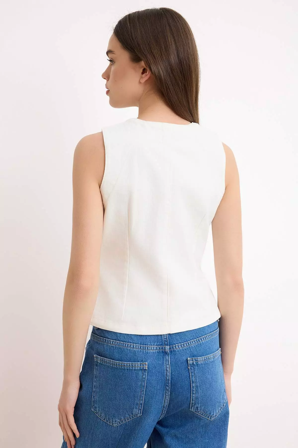 Ecru Button Detailed Fitted 1% Cotton Denim Vest Twoss26Ye4
