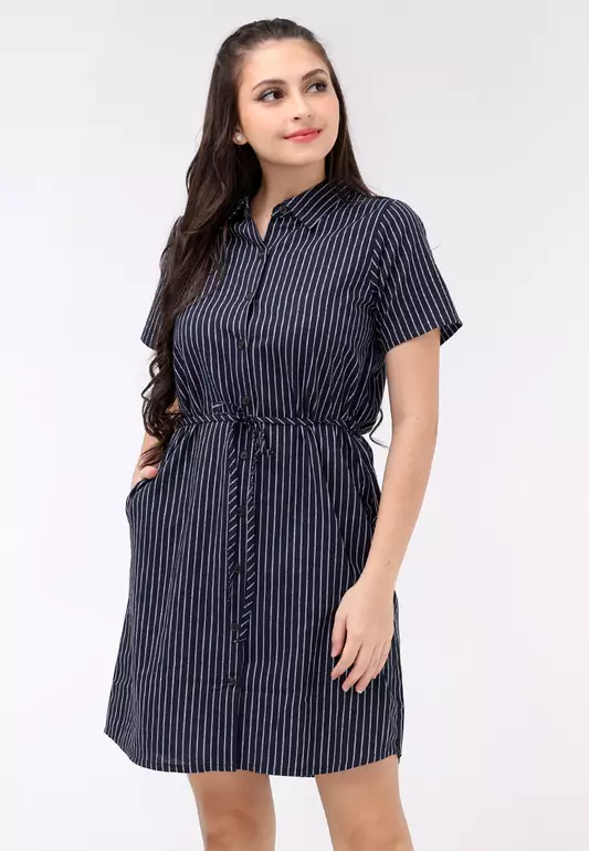 Woven Printed Stripes Short Sleeves Dress