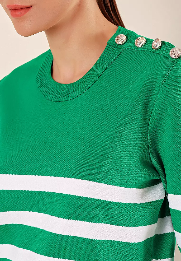 Button Detail Striped Sweater Green