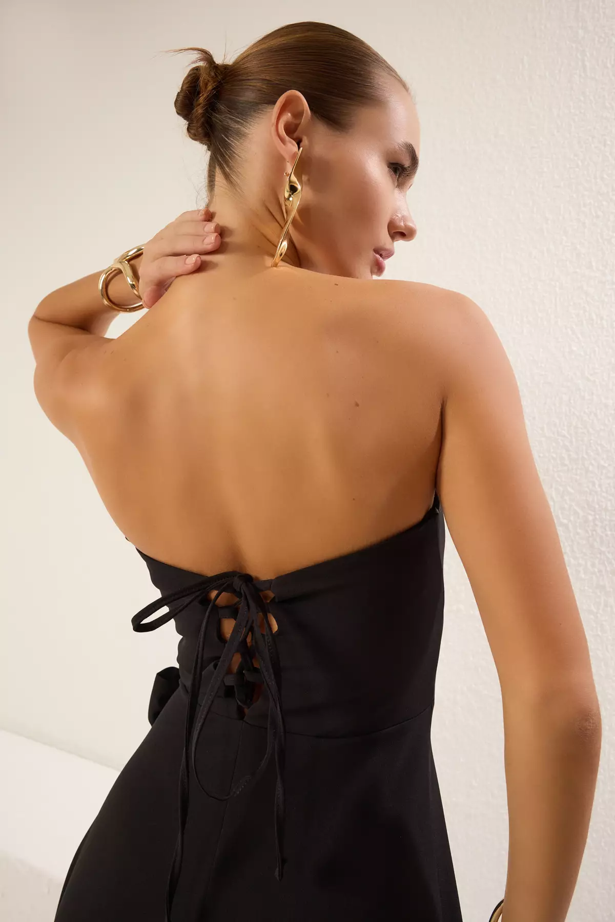 Black Strapless Back Detail Woven Long Elegant Evening Dress
