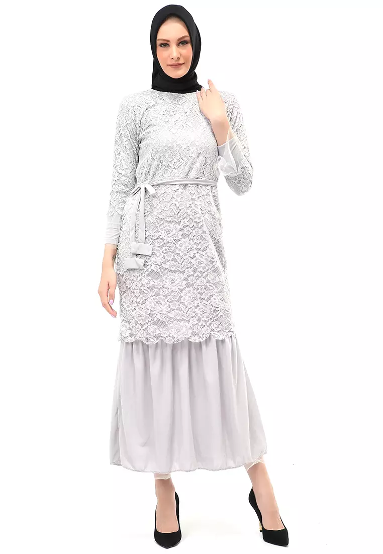 Selena Gamis Muslimah Wanita Motif Brukat Long Sleeve Regular Fit - Abu