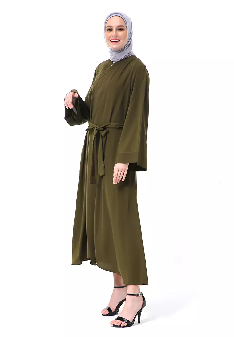 Khalisa Aiza Long Abaya Gamis Self Tie Belt Premium High Quality - Army