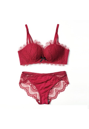 ZITIQUE red Women's Sexy No Steel Ring Comfy Gathered Lace Lingerie Set (Bra And Underwear) - Red 68735US0CCD0FCGS_1