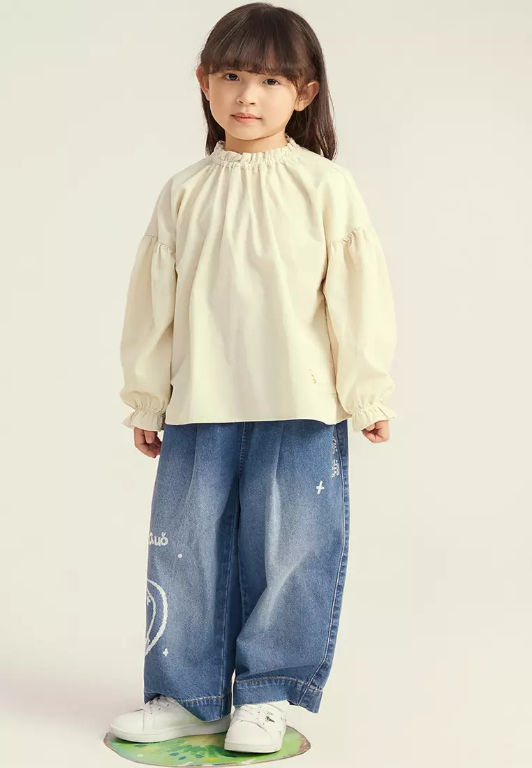 女大童牛仔裤趣味主题印花宽松牛仔长裤