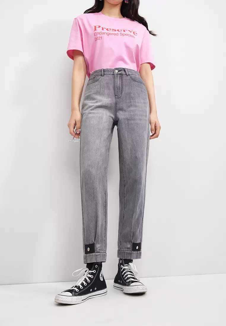 Button Zip Fly Washed Jeans