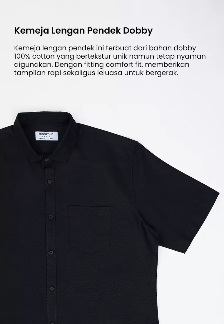 MANZONE - Kemeja Dobby Lengan Pendek Pria Takeshi 1 Comfort Fit - Black Warna Black