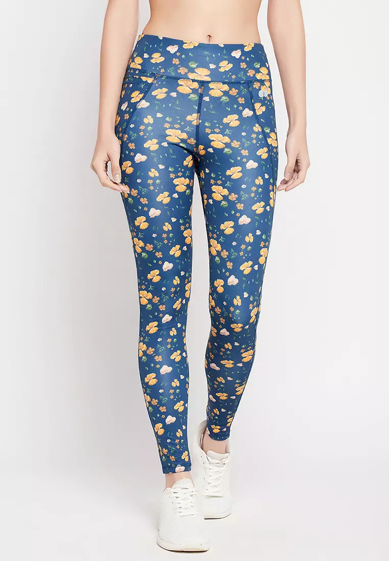 Clovia High-Rise Floral Print Active Tights in Navy with Side Pocket