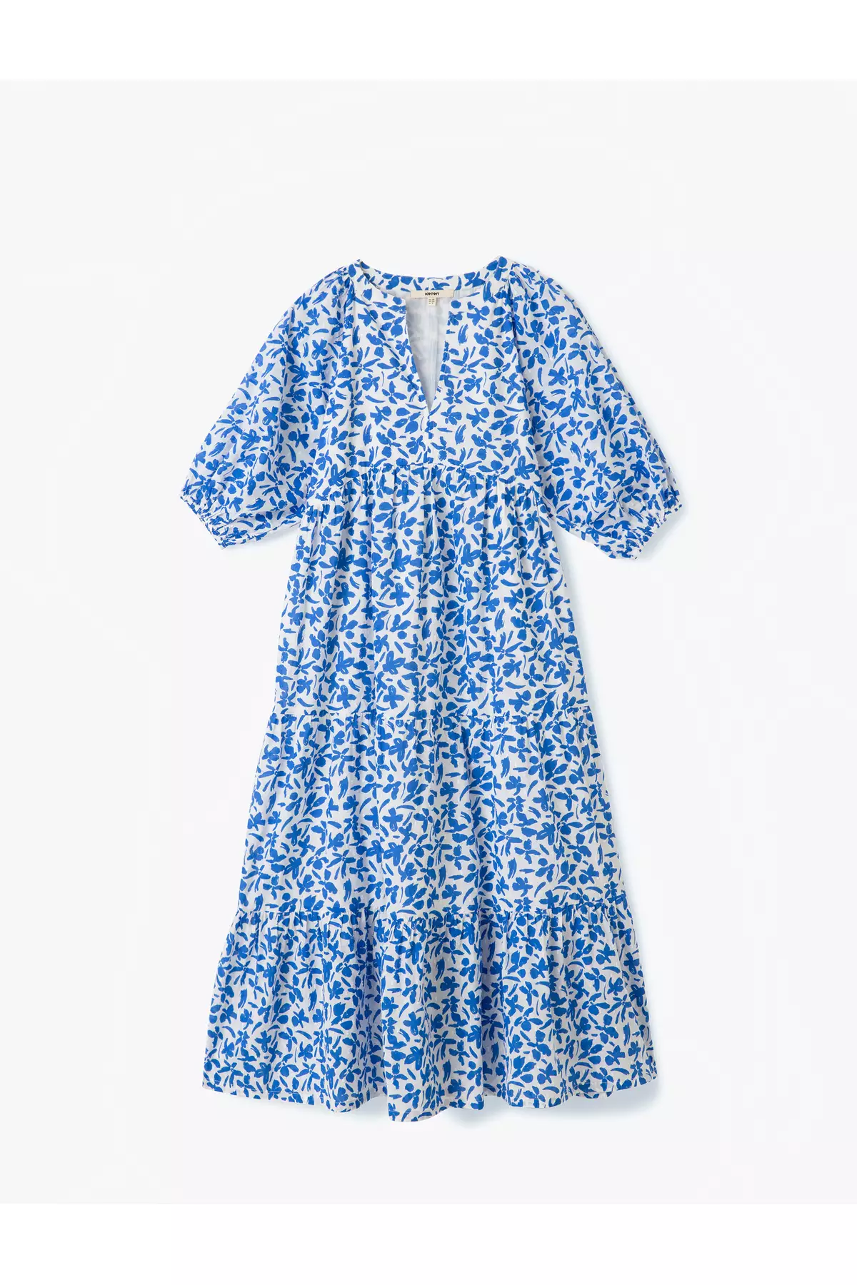 棉質內襯中式領燈籠袖長款花卉連身裙