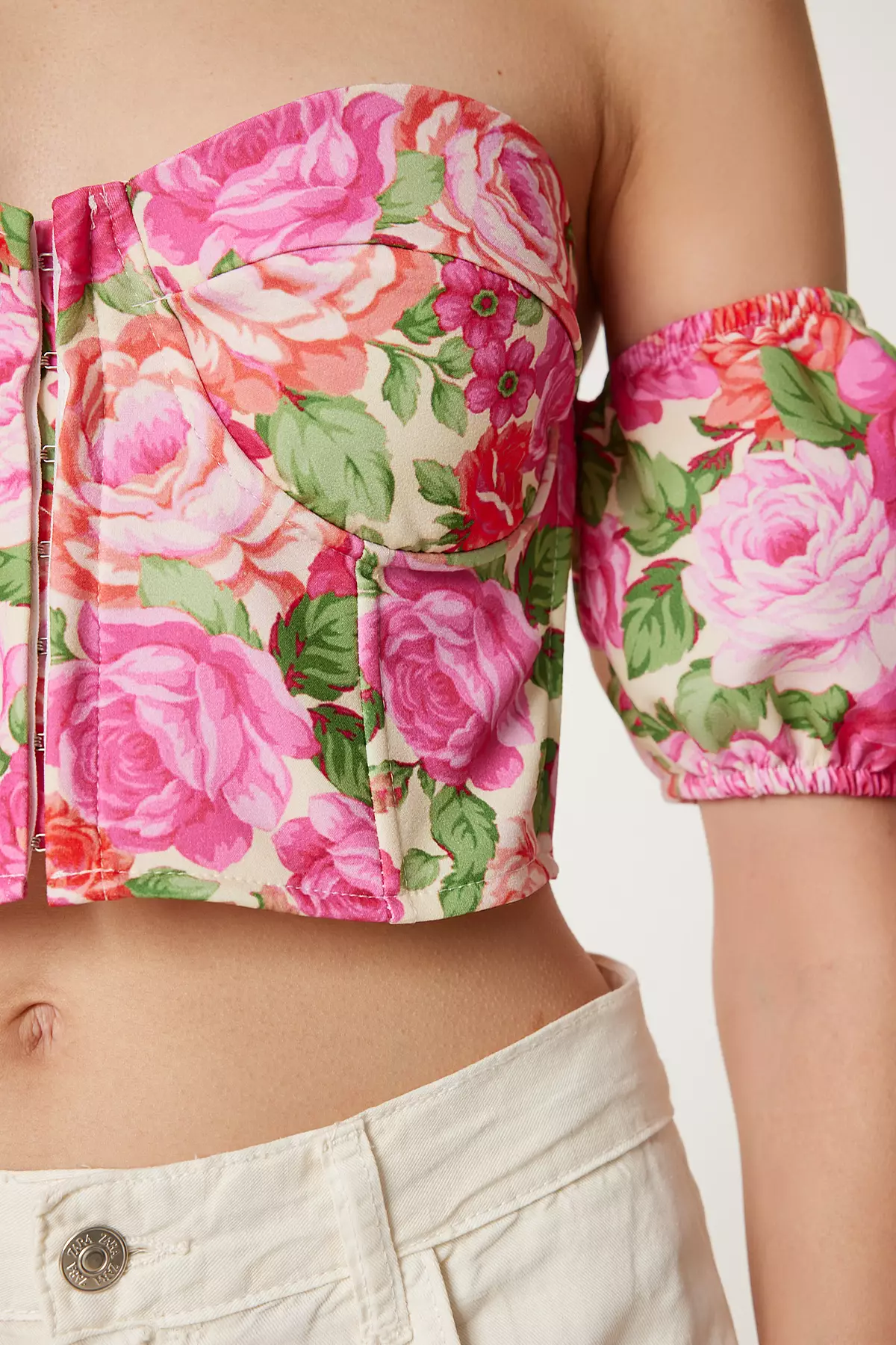 Women's Pink Yellow Patterned Crop Viscose Blouse Cr00510