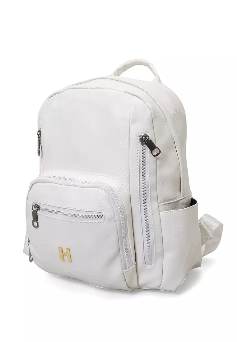 Afra Tas Ransel Wanita Many Space Backpack Desain Polos Material Leather ORIGINAL - White