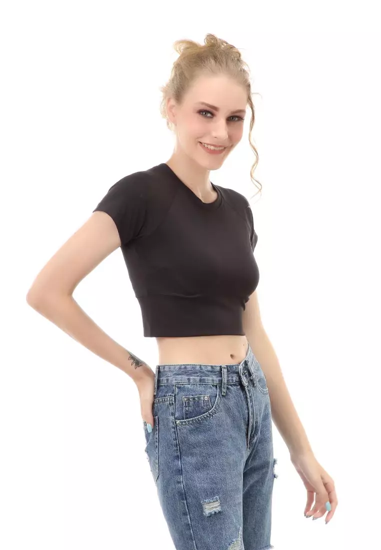 Wish Kaos Sport Wanita Crop Top Comportable Material Polyester ORIGINAL - Black