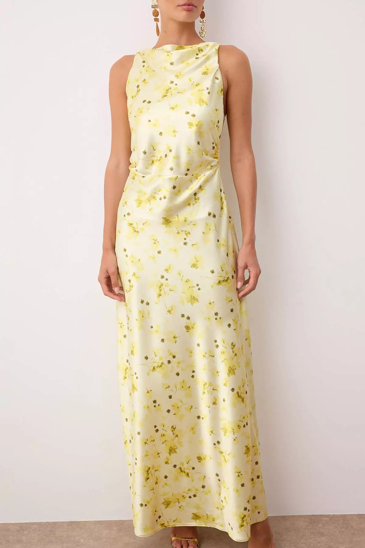 Yellow-Multicolored Plain Bodycon Woven Satin Maxi Evening & Graduation Dress