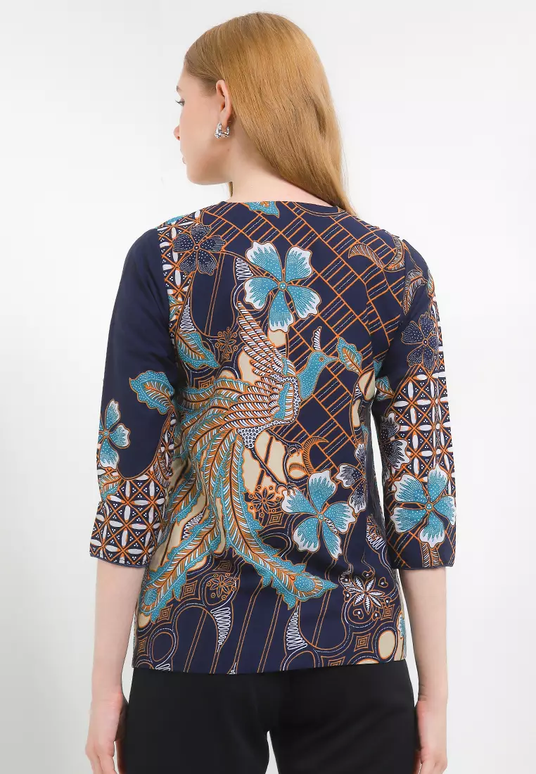 Blouse Atasan Batik Wanita Alerica Furing Navy Lengan Panjang