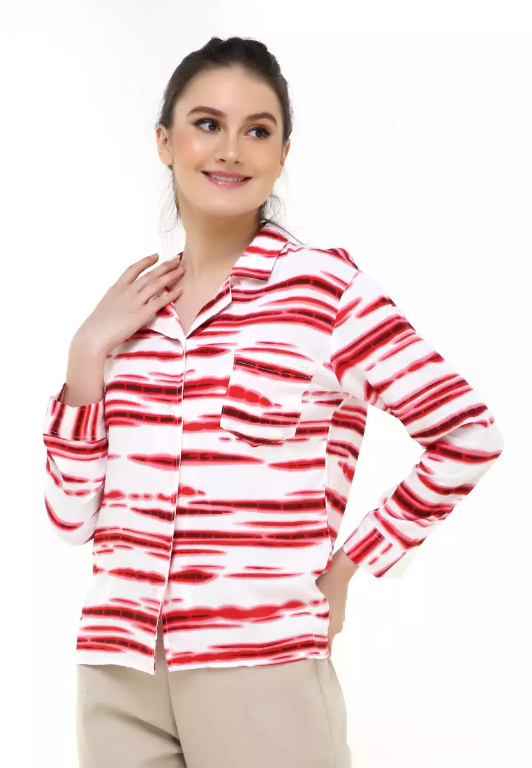 Carel Long Shirt Tie Dye Design Casual Kemeja Atasan Wanita - Merah