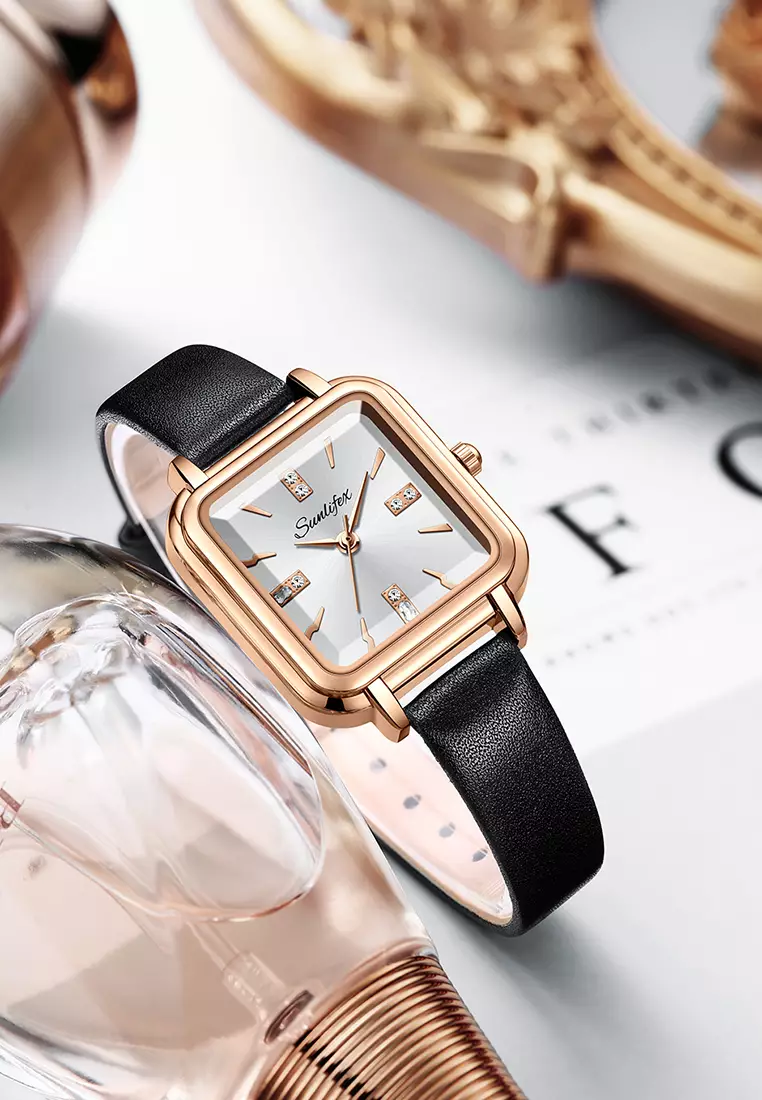 Jam Tangan Wanita Fashion Tali Kulit Jam Analog Kecil Gaya Korea Barsh Jam Tangan cewek black white