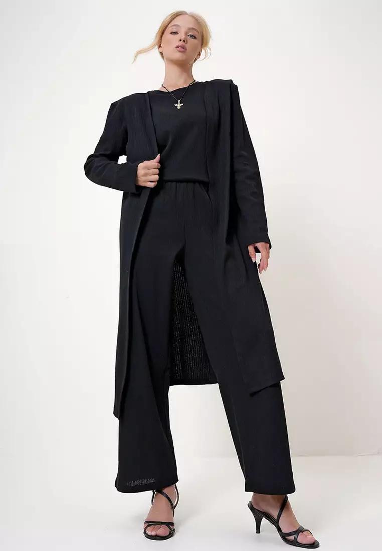 Bike Neck Blouse Trousers and Cardigan Set Suit