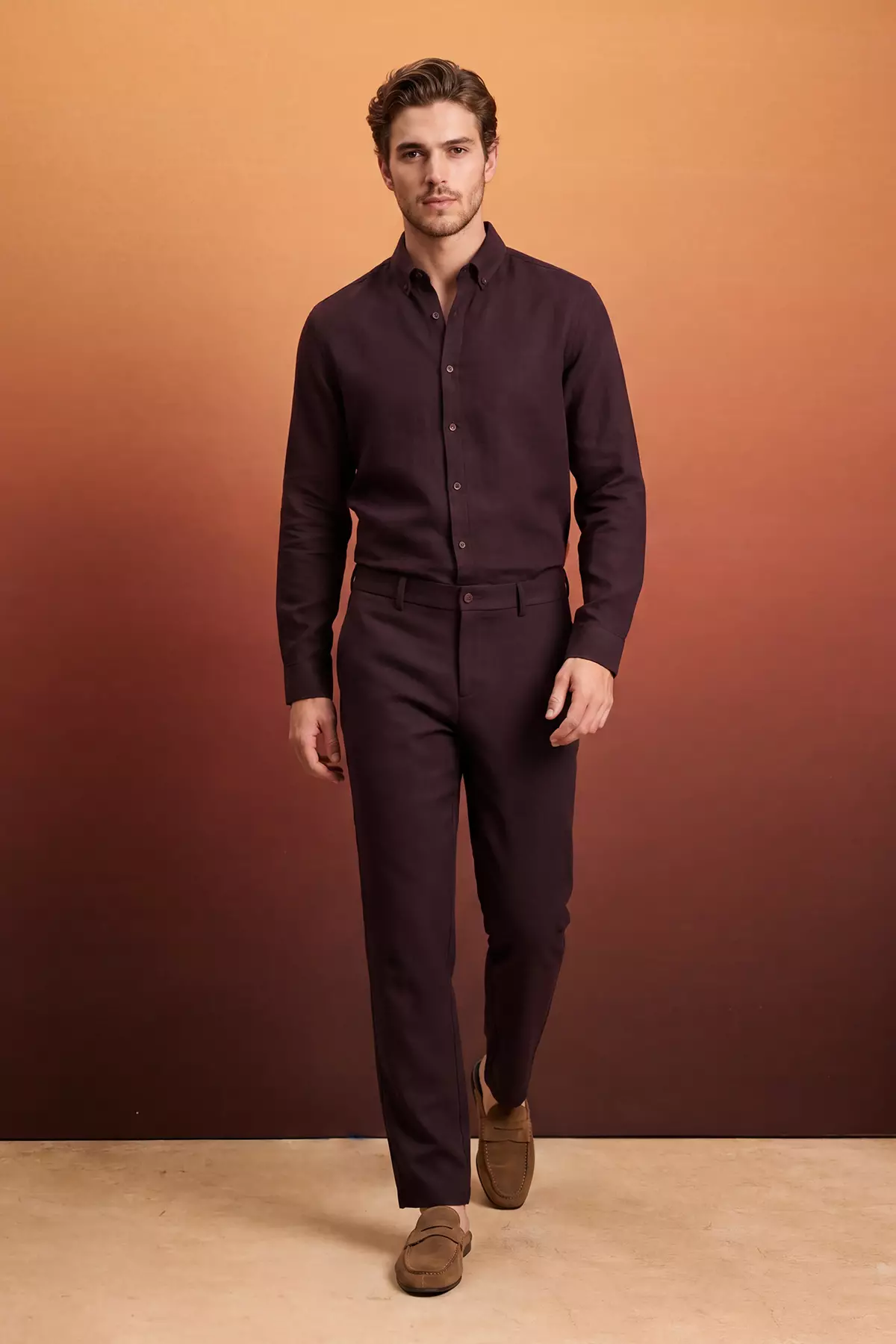 Brown 100% Linen Elastic Waist Regular Waist Men'S Trousers Tmnss26Pl00026