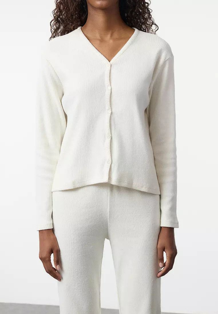 White Cotton Brushed Soft Ribbed Cardigan Knitted Pajamas Set