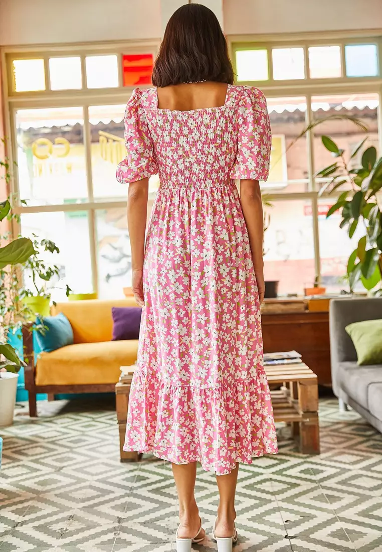 Floral Shirring Midi Dress