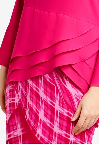 Buy Midi Kurung Chiffon Peplum Kebaya Pleated w Layered Ruffle from Zuco Fashion in Pink only 340