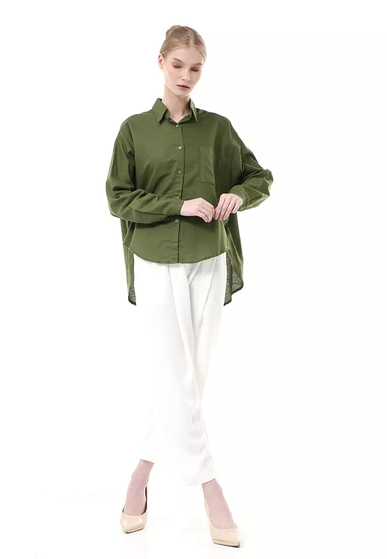 Nandira Kemeja Atasan Wanita Oversize Motif Polos Long Sleeve - Olive