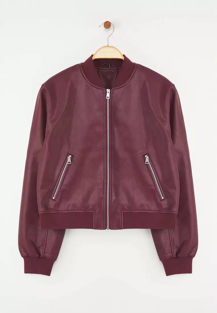 Burgundy Regular Fit Faux Leather Bomber Slim Jacket Coats