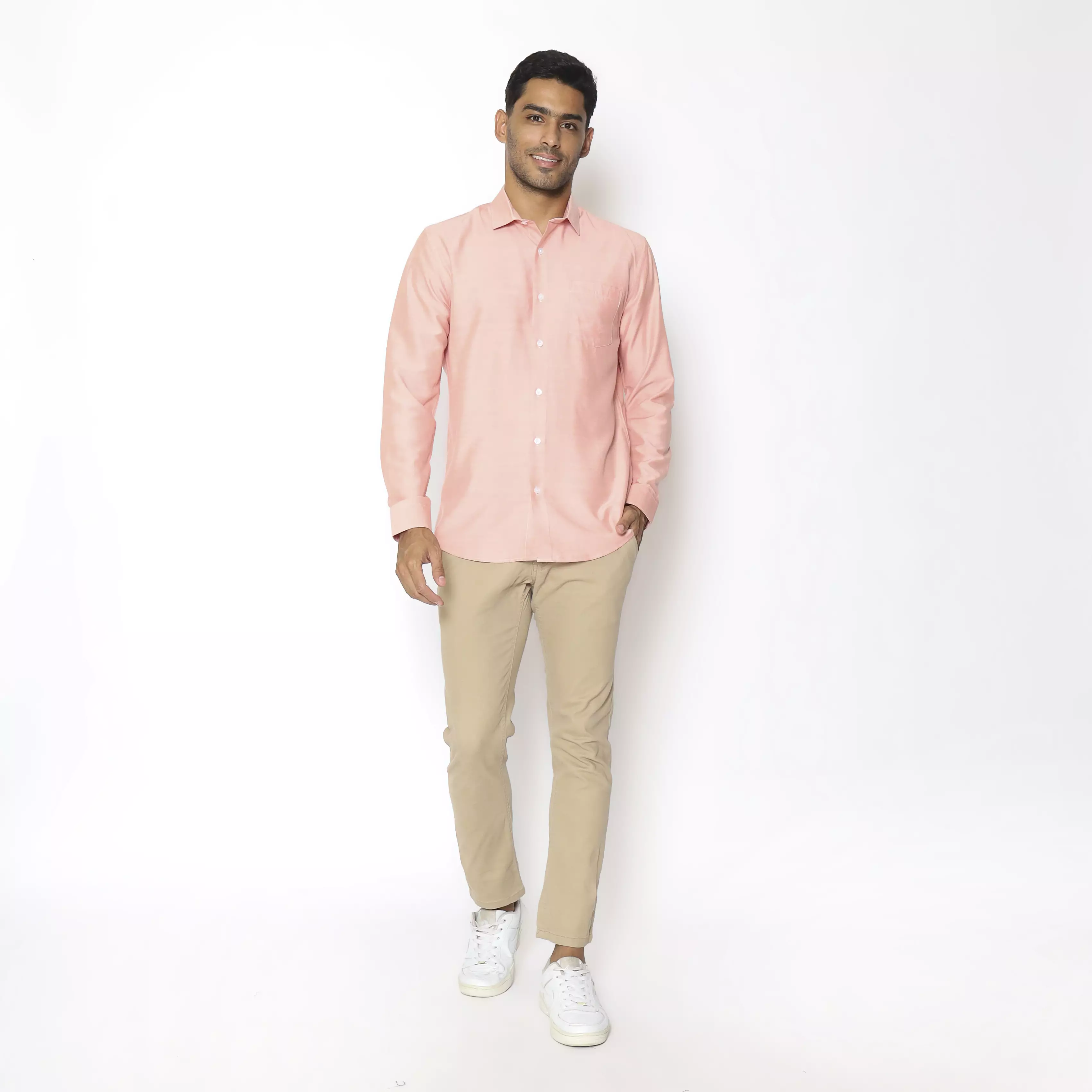 MAGINOT Kemeja Pria Basic Stripe Panjang SALMON