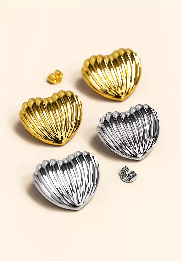 Ridged Heart White Gold layered Stud Earrings