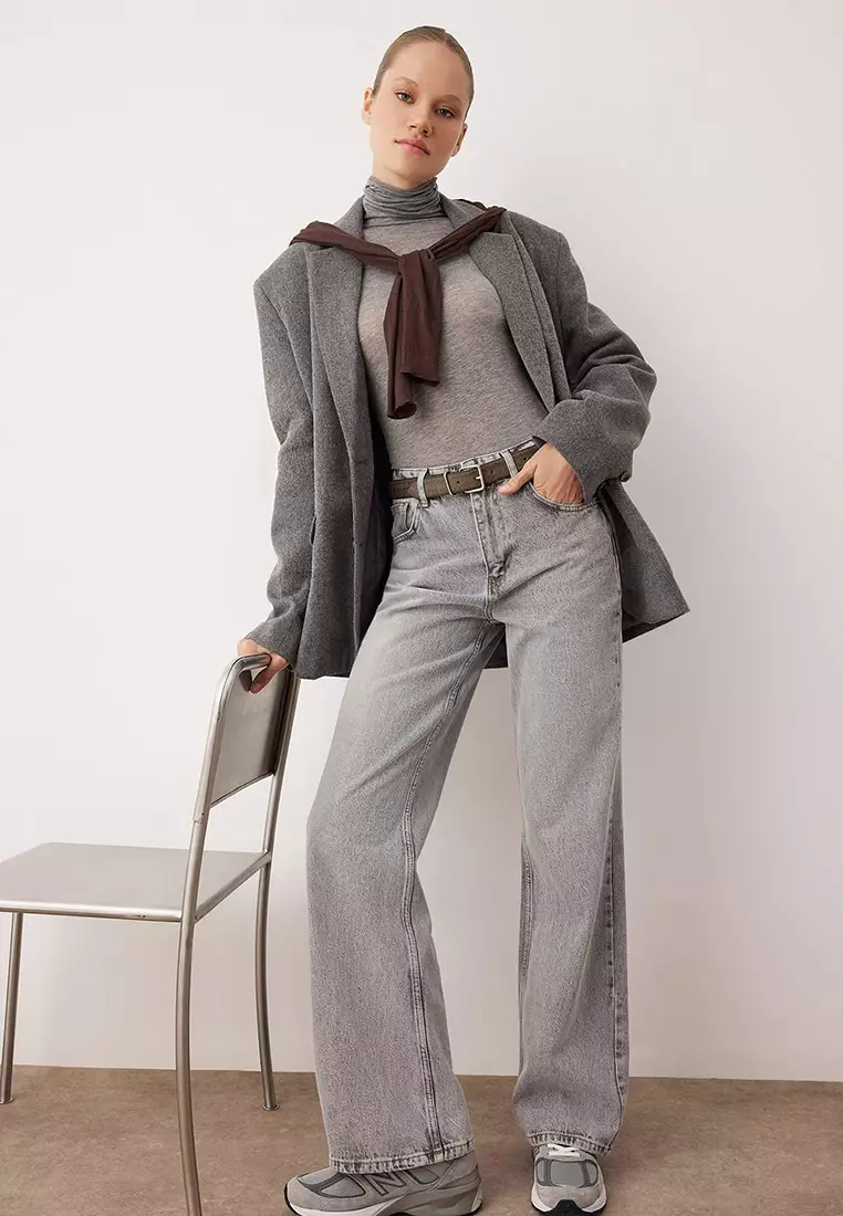 Gray High Waist Wide Leg Wide Leg 1% Cotton Non-Stretch Jeans Twoss25Je172