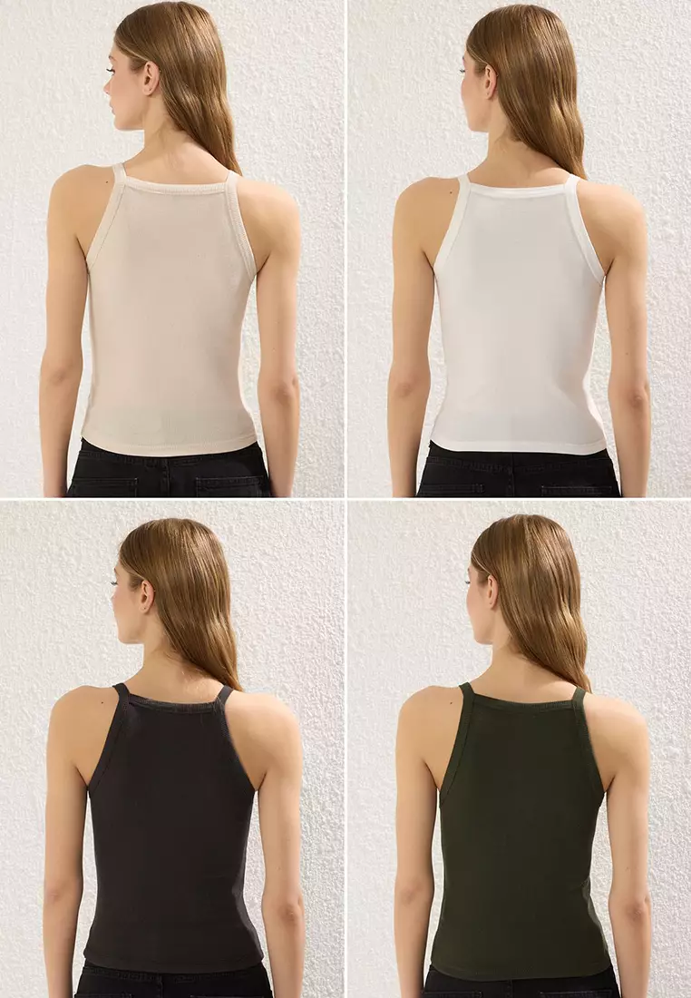 Anthracite-Ecru-Beige-Khaki 4-Pack Crop Stretch Knit Tank Top TWOSS25AL00056