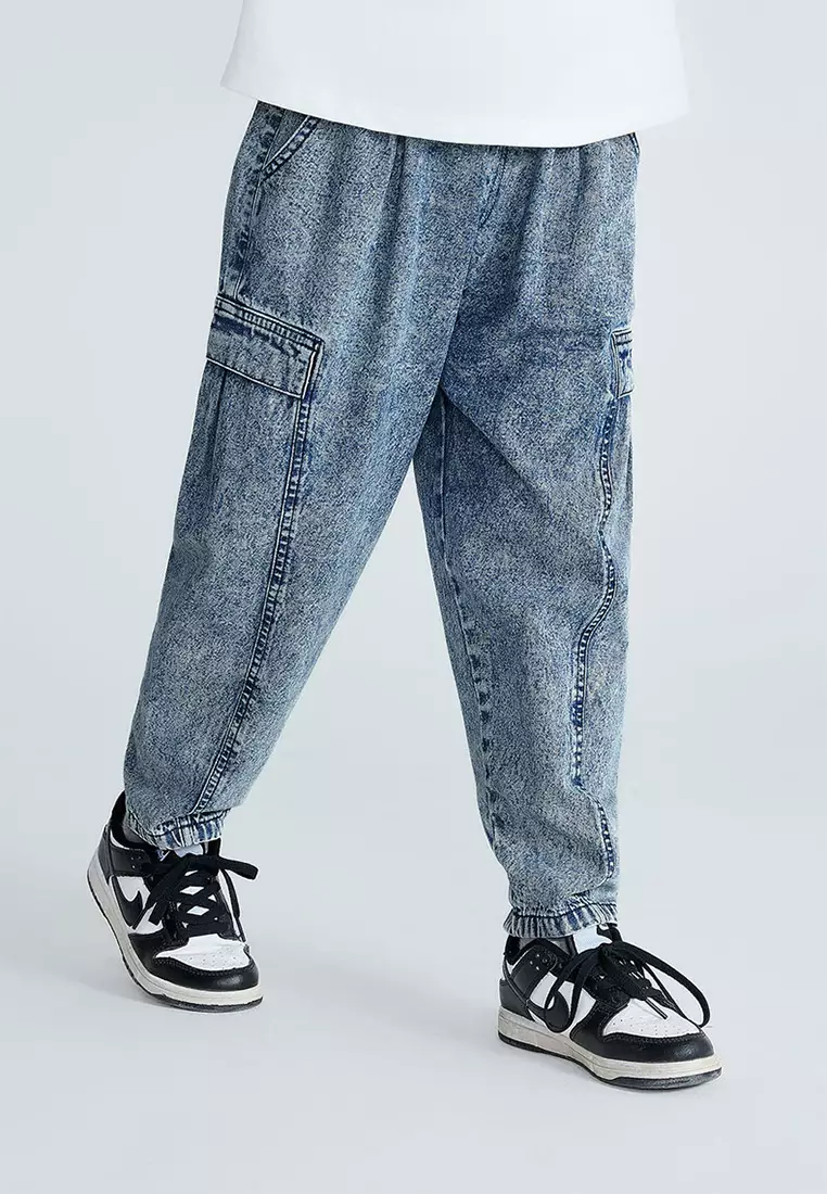 男童裤子秋宽松复古雪花洗锥形牛仔裤