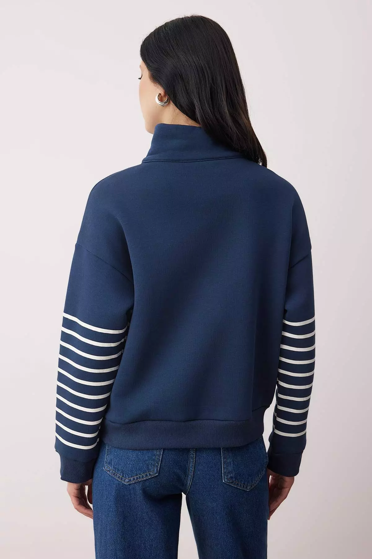 Navy Blue Striped Oversize/Wide Fit Zippered Thick Fleece Lined Knitted Sweatshirt Twoaw26Sw44